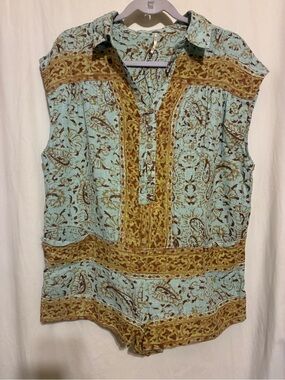 Free People Sleeveless Printed Romper in Light Blue and Brown